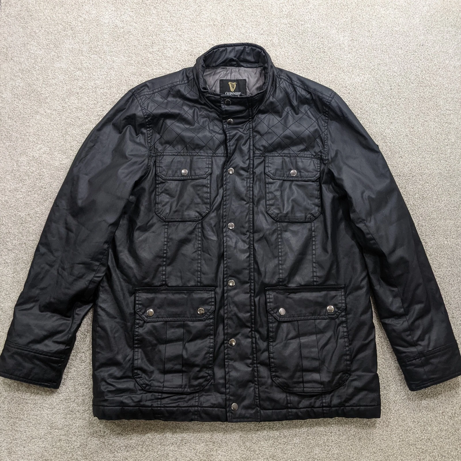 GUINNESS Mens Field Jacket L Black Quilted Wax Look Cotton Country Coat Flaws