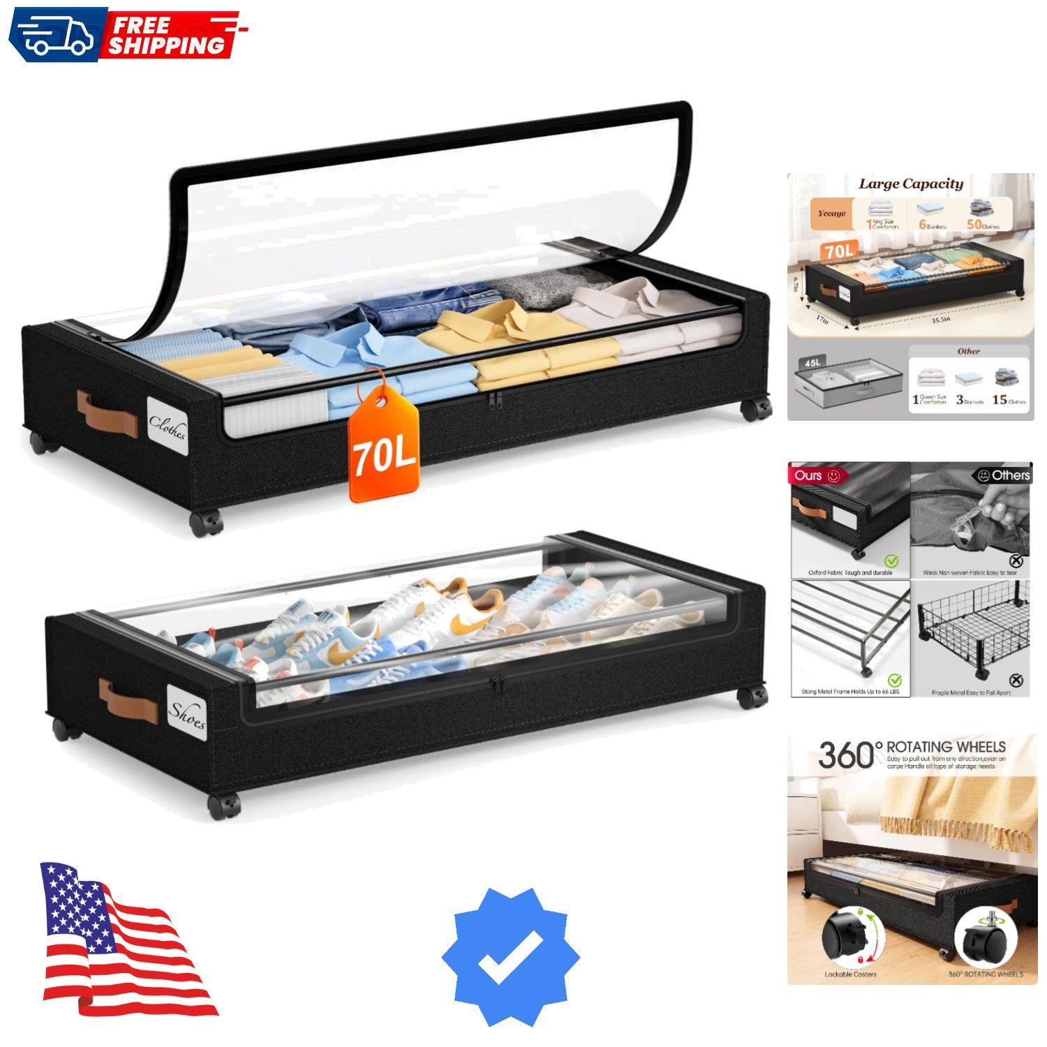 Under Bed Storage with Wheels 2Pack, 70L Larger Capacity Under Bed Storage Co...-image
