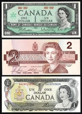 1967-1973-1986 Bank of Canada Banknotes, $1 $1 $2, All UNC Uncirculated