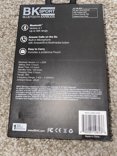BK Sport Bluetooth Earbuds - NYC brand BKHC Pink BKHC-2591-PNK - Picture 3 of 4