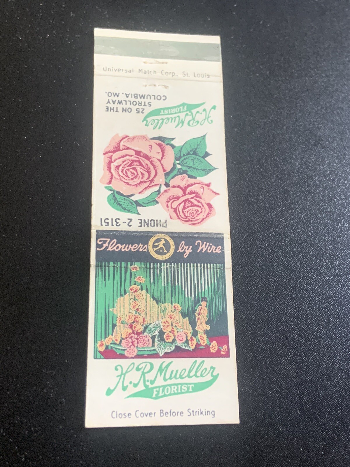Vintage Missouri Matchbook “HR Mueller Florists” Columbia, MO eBay