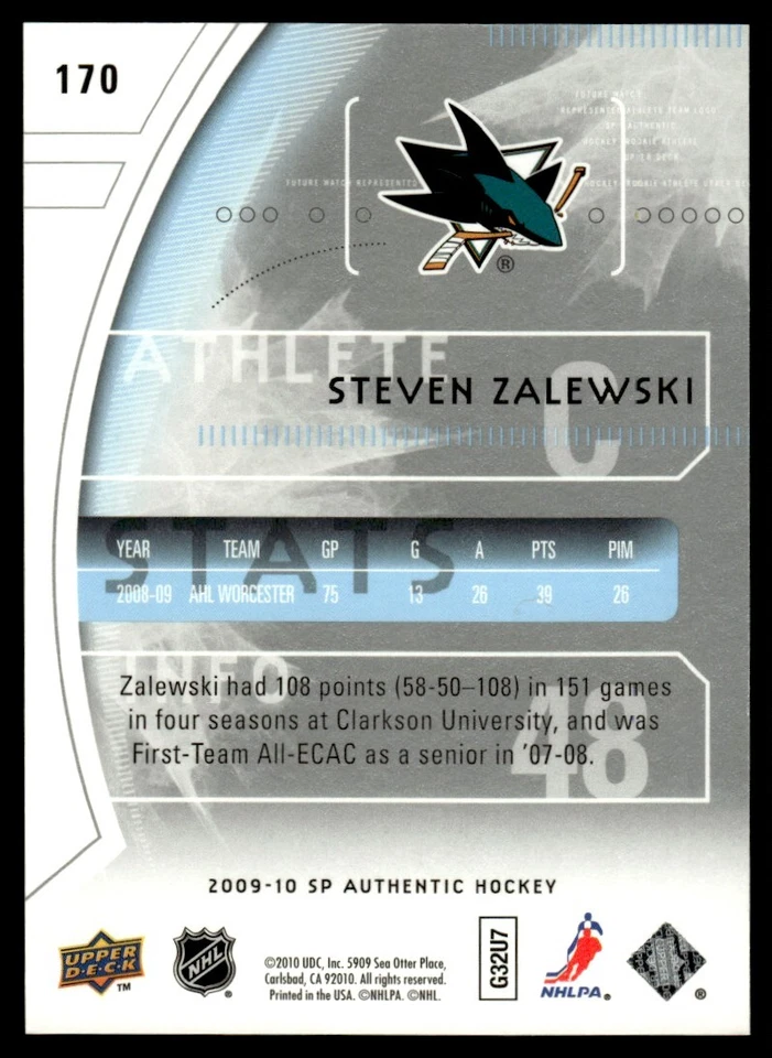 2009-10 SP Authentic Steven Zalewski Rookie 896/999 San Jose Sharks #170 - Image 2 of 2
