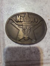 VINTAGE 1987 Philip Morris Marlboro Belt Buckle Solid Brass Long Horn Steer
