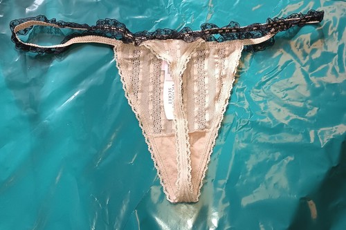 Vtg Victoria's Secret L 100% Nylon Black Lace Beige String Thong 2004 NWT - Picture 3 of 5