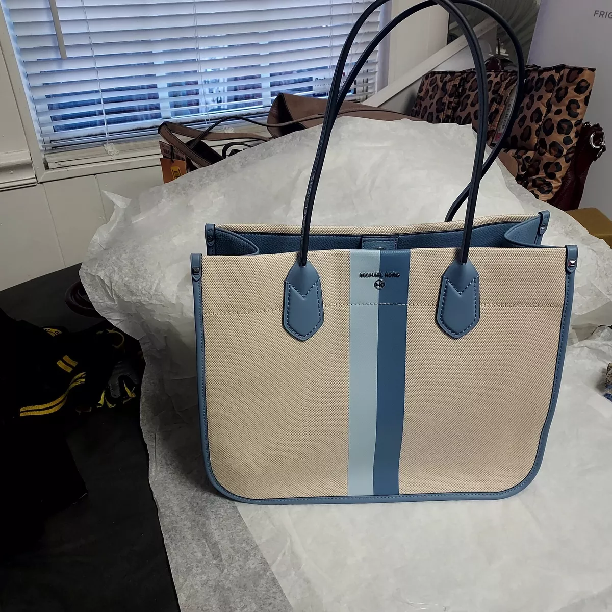 Michael Michael Kors Blue/White Saffiano Leather Small Stripe