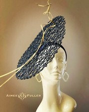 Aimee Fuller Royal Ascot Fascinator Kentucky Derby Hat Navy Blue Tan Beige Twirl