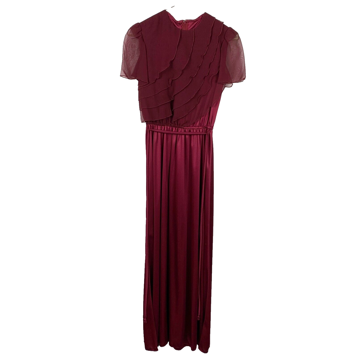 Vintage 80s JcPenney Wine Red Chiffon Ruffle Flowy Long Dress Size 7/8