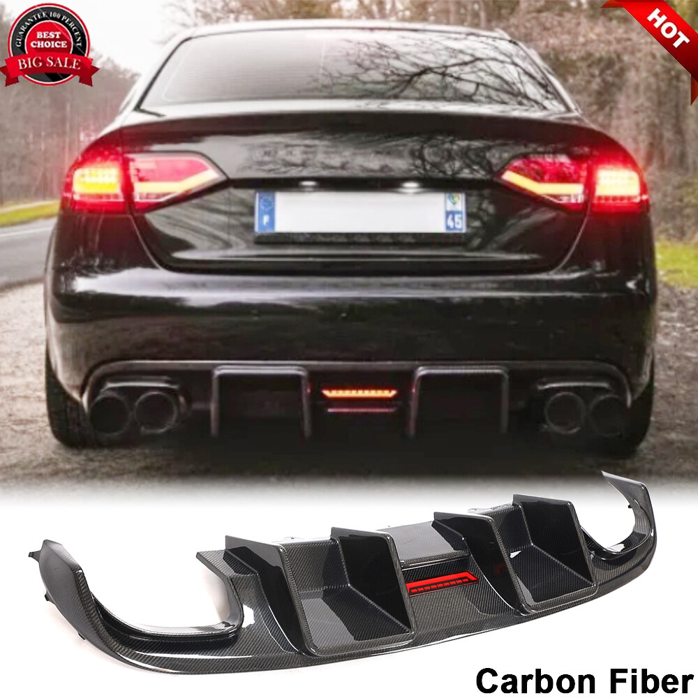 For Audi S4 B8 Saloon 2008-12 Real Carbon Rear Bumper Diffuser Lip Spoiler W/LED