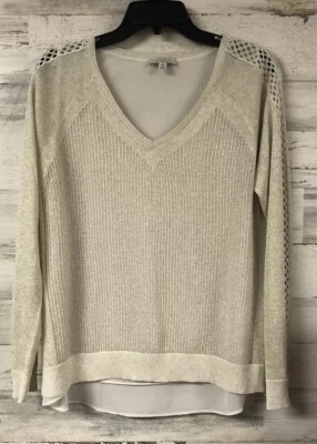 Lucky Brand M Metallic Gold Sparkle Sweater Lined Ribbed Knit Crochet Layered