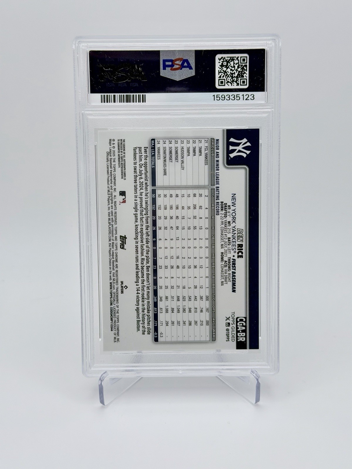 2025 Topps Chrome Gilded Ben Rice Auto /75 yellow/gold (RC) PSA 10 👑 POP 1 view 2
