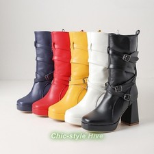 Womens Buckle High Block Heel Platform Ankle Boots Shoes Party Oversize 48/49/50