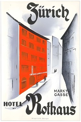   Zürich Hotel Rothaus Vintage Poster - 24x36  Swiss Style   