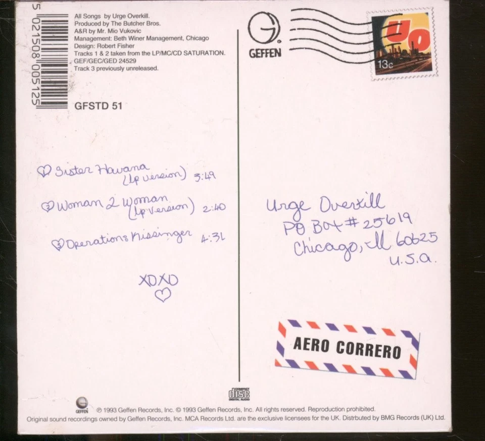 Urge Overkill Sister Havana CD UK Geffen 1993 single in card sleeve GFSTD51 - Bild 2 von 2
