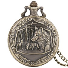 Wolf Pack in Forest Engraved Pocket Watch Bronze Quartz Necklace Chain Gifts