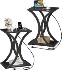 End Table with Charging Station, 2-Tier Modern Side Set of 2, Black 