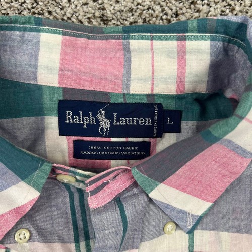 VTG Polo Ralph Lauren Dress Shirt Mens L Plaid Button Down Madras Multi Color - Picture 3 of 7