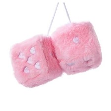 Heart Embroidered Fuzzy Plush Dice - 3-Inch Decorative Car Mirror Baby Pink