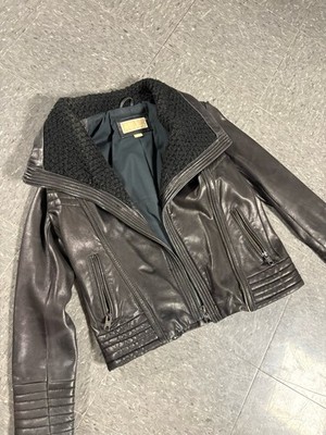 Michael Kors Leather Jacket Womens Size Small Black Moto Full Zip