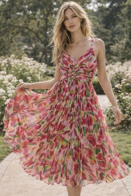 Adrianna Papell NWT Floral Pleated Dress Pink Multicolor Fit & Flare Size  14 | eBay