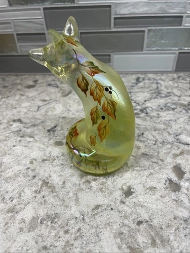 4.5” FENTON GLOW URANIUM VASELINE GLASS WITH LEAVES FOX SIGNED
