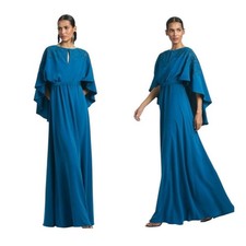 Sachin Babi Size 4 NWT Moroccan Blue Crepe Embroidered Wren Cape Maxi Gown