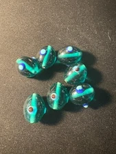7 Green glass beads (B575)- Fancy Rare Art Deco-  eye bead 8-10mm