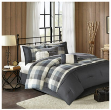 Gray King Comforter Set 7 Pc Buffalo Plaid Log Cabin Lodge Farm Rustic Country