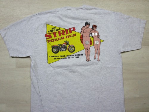Vintage Motorcycle T Shirt (L) 90s Strip Poker Run Cypress Cove Nudist Resort - Picture 7 of 13
