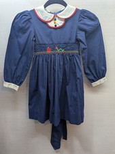 Vintage Polly Flinders School Caterpillar Apple Navy Blue Kids Dress Embroidered