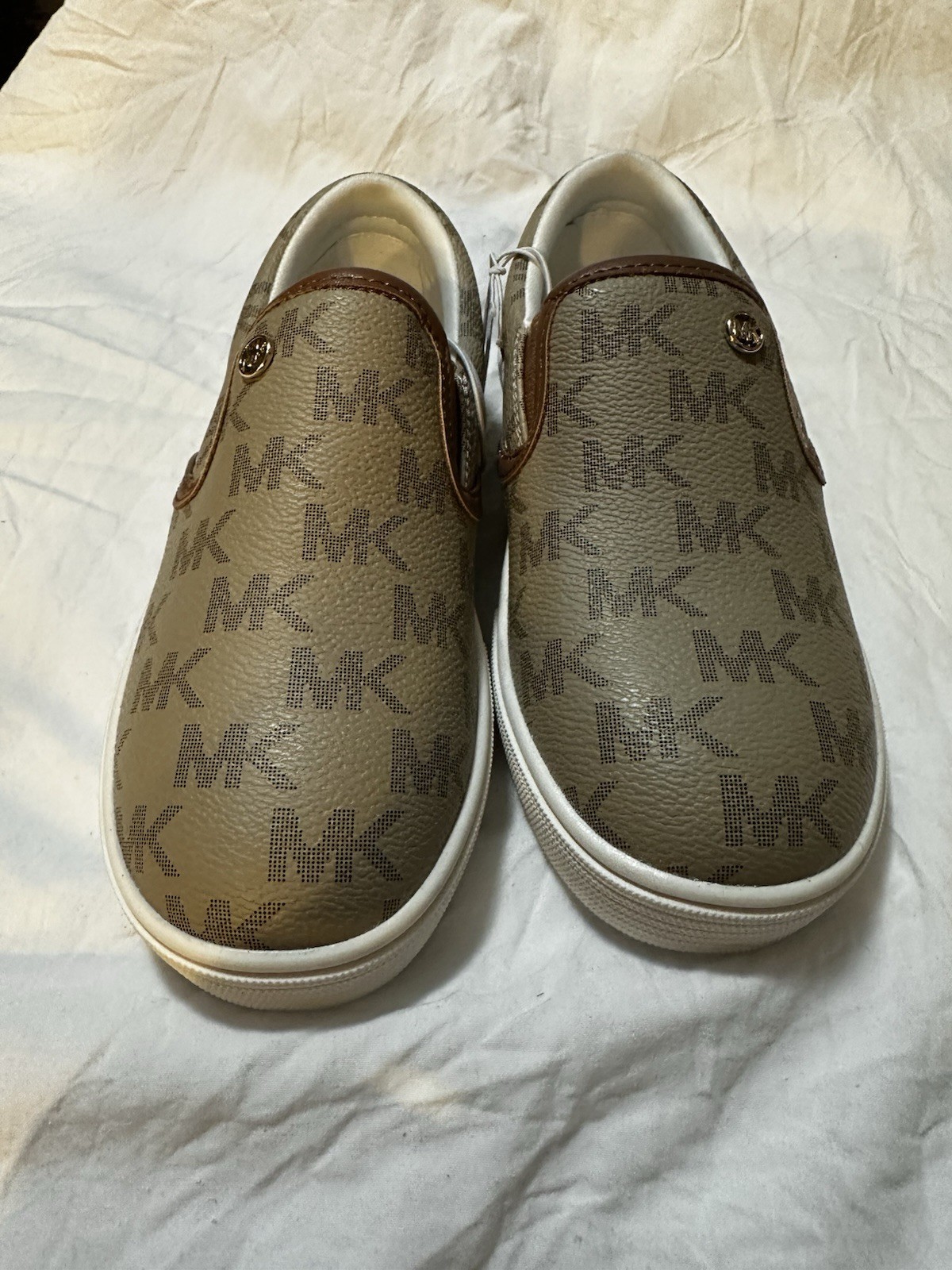 Michael Kors Girls Slip-On Flats Brown Beige White Logo Print Synthetic Low Top