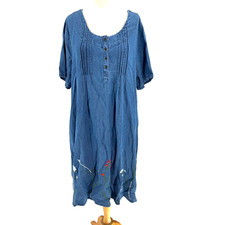 Vermont Country Store Embroidered Pintuck Denim Midi Dress Women's 1X Chambray