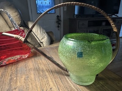 AMICI Hand-Blown Green Bubble Glass Watering Can   Copper & Rattan Handle, Italy