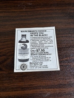 1984 PRINT AD MARKSMAN'S CHOICE BORE CLEANER MARKSMAN'S INC CHESTERLAND OHIO