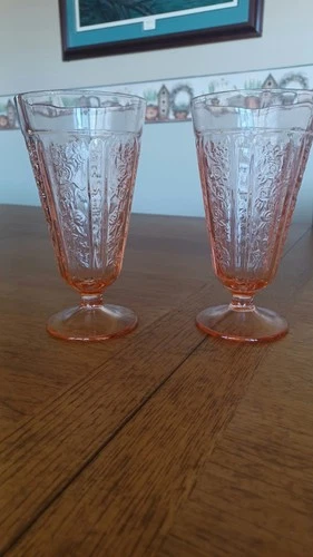 1930s Federal SHARON CABBAGE ROSE PINK 6 3/4" FOOTED ICED TEA TUMBLERS SET 2