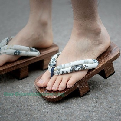 Men Japanese Wooden Traditional Clogs Geta Shoes Samurai Flip Flops Slippers
