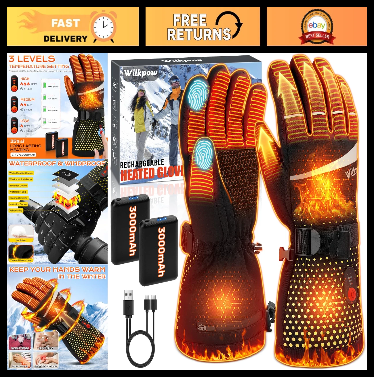 Waterproof Heated Gloves for Men & Women, Rechargeable Hand Warmers, Touchscreen