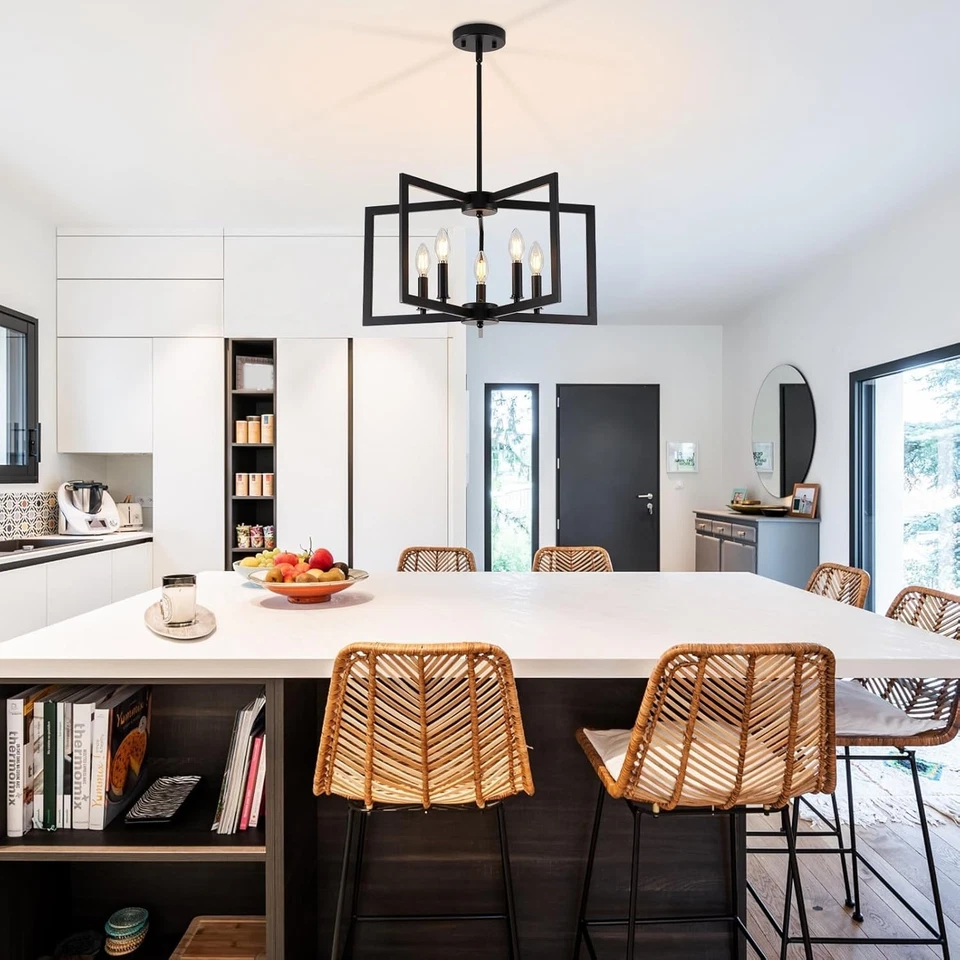 Large Black Chandelier Geometric Farmhouse Dining Room Light Fixture 8 Light  - Image 3 of 4