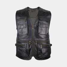 Men's Black Swat Club Hunting Leather Vest Genuine Sheep Soft Real Biker Vest