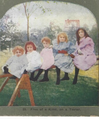 ''Five of a Kind, on a Teeter Totter'', Young Girls Playing c1900 Stereoview Card
