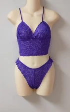 Vintage 80's Alana Gale Purple Bralette High Leg Bikini Panties Lace M/L