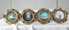 Grandpa Vintage Marina Scene Ship Boat 4 Window Porthole Oil Paintings Sets of 4