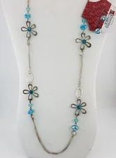 Charming Charlie Blue Glass Bead 36" Necklace & Earring Set Silver Tone Flowers