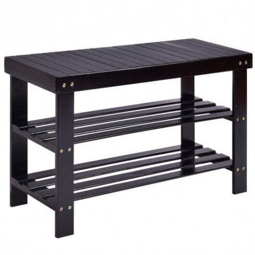 3 Tier Bamboo Bench Storage Shoe Shelf-Black - Color: Black