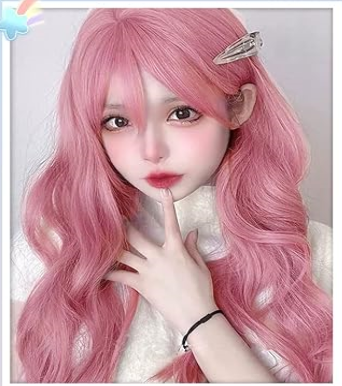 Pink Wig long curly Costume Tools cherry pink Cosplay Halloween
