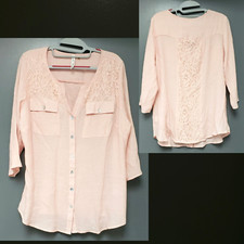 SALE*NY Collection*Pink*Tunic Button Blouse Top Lace Accents 3/4 sleeve Size 14