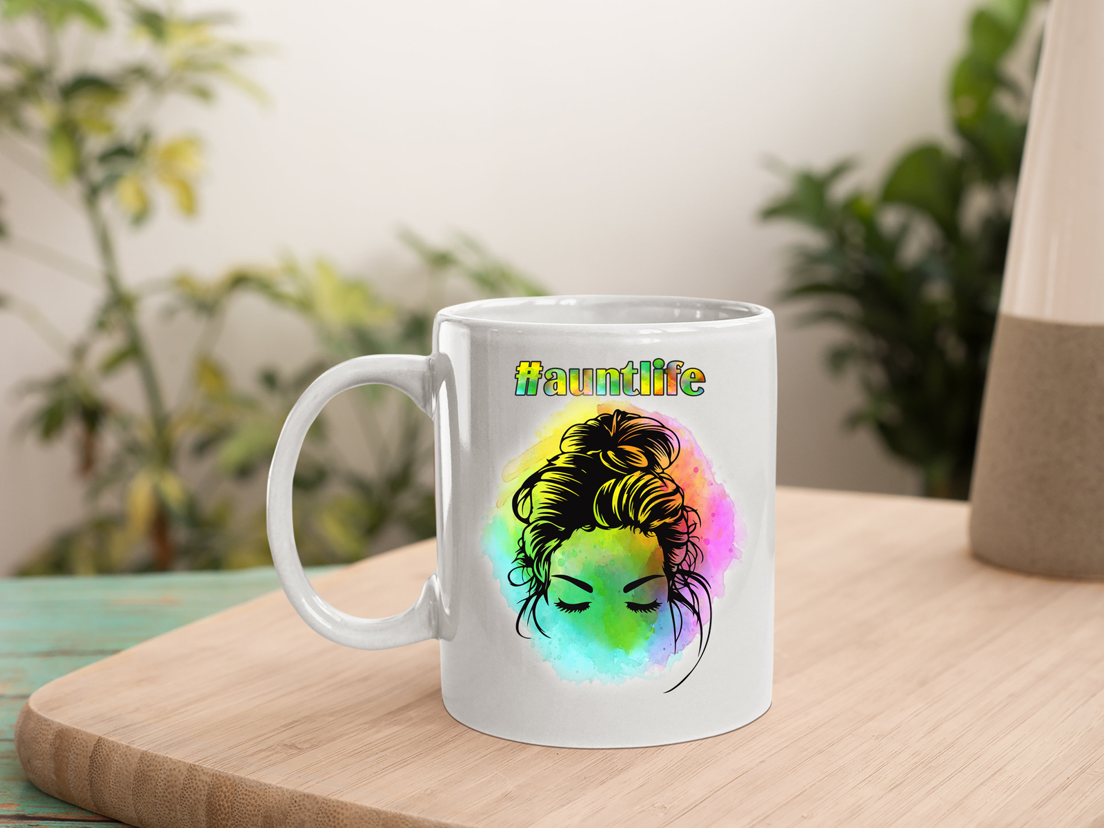 Curly Hair Messy Bun Watercolor Aunt Life Mug Mother's Day Mug