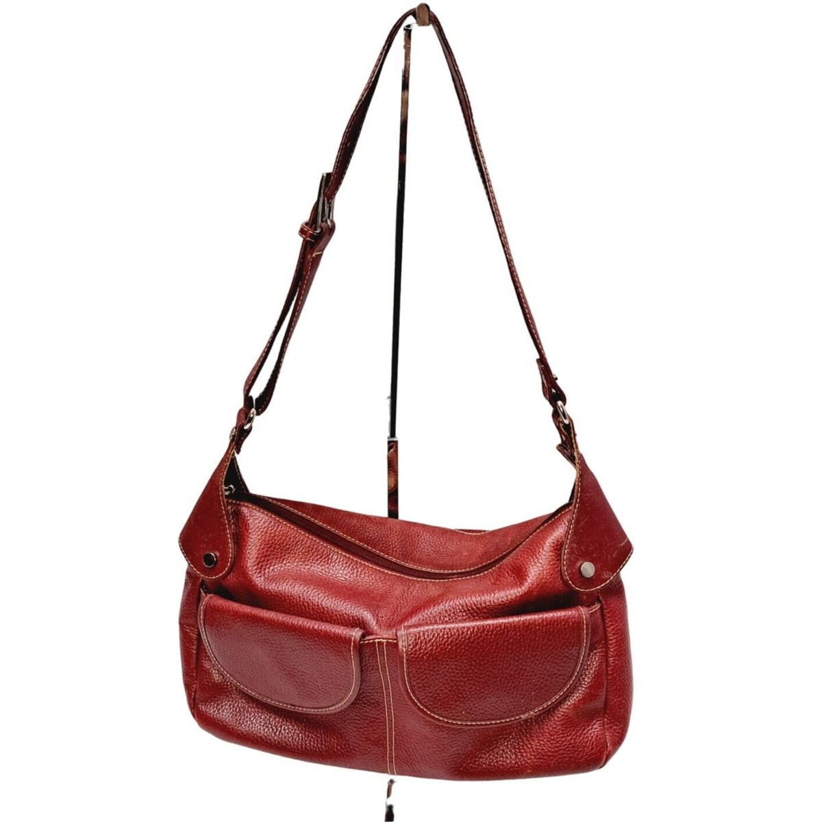 Maxx New York Red Leather Adjustable Strap Shoulder Bag Pockets 23