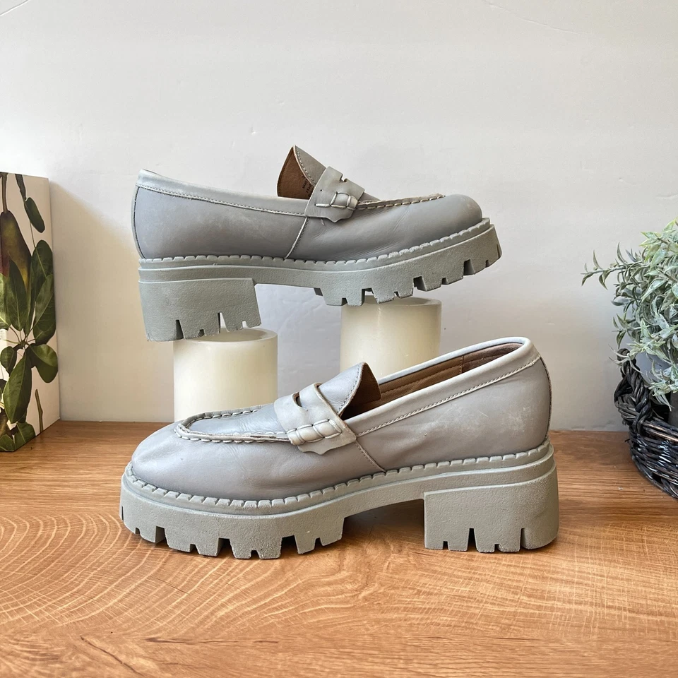 Free People Lyra Zapatos Mujer 37/7 Gris Cuero Suela Sin Cordones Mocasines Foto 3 de 4