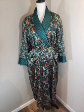 Vintage Victorias Secret Gold Label Long Belted Green Floral Satin Robe Womens S