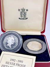 1992 1993 Fifty Pence Silver Proof Piedfort 50p Twin Set Royal Mint EEC Boxed
